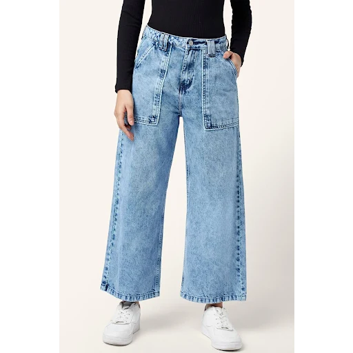 People Medium Blue Solid Ankle-Length High Rise Casual Women Flared Fit Jeans size 28